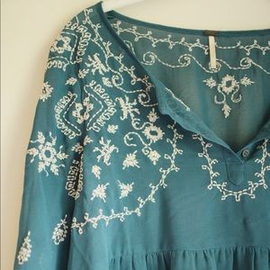 Free People FP boho embroidered green/blue top